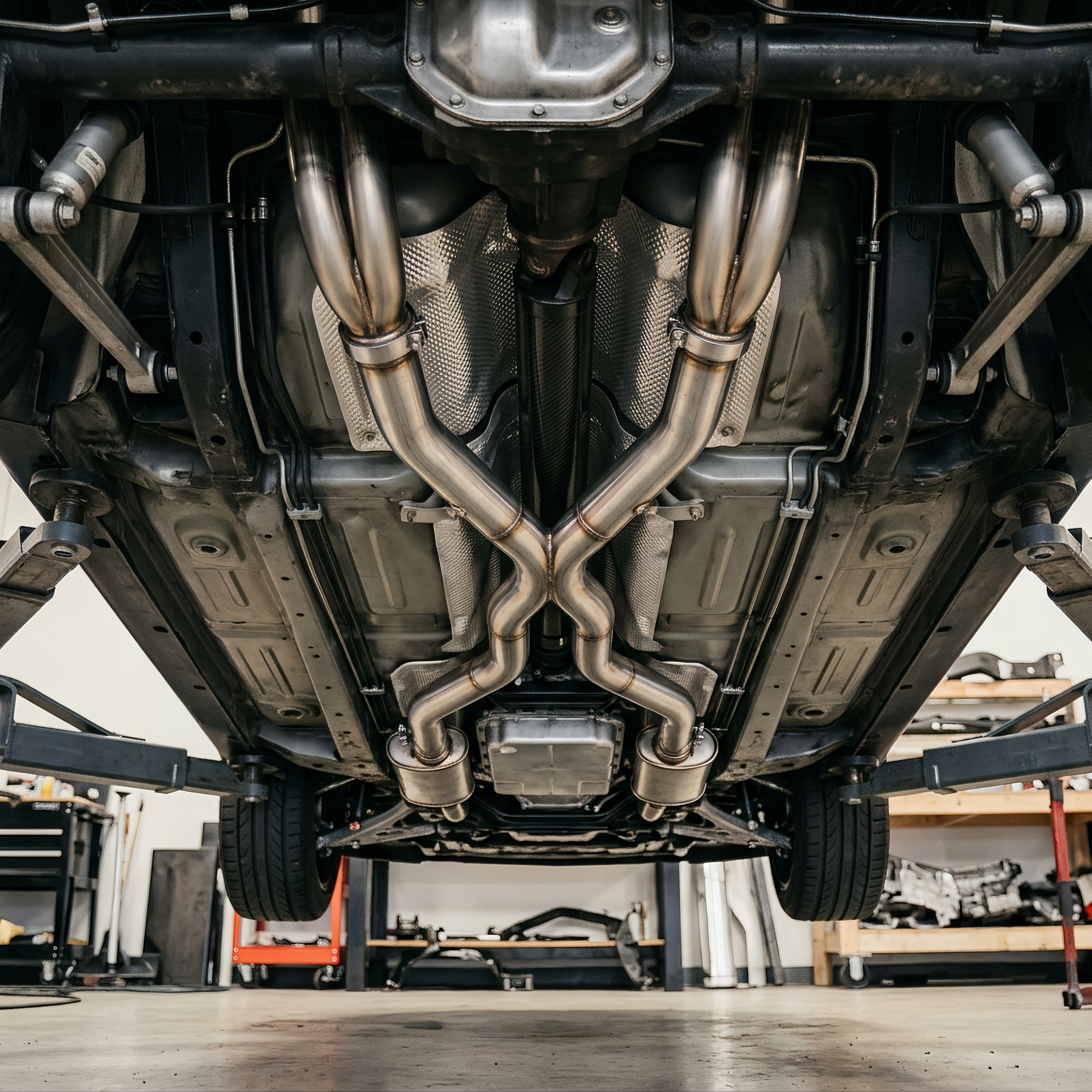 Stainless steel X-pipe mid-pipe under a Ford Mustang on a shop lift