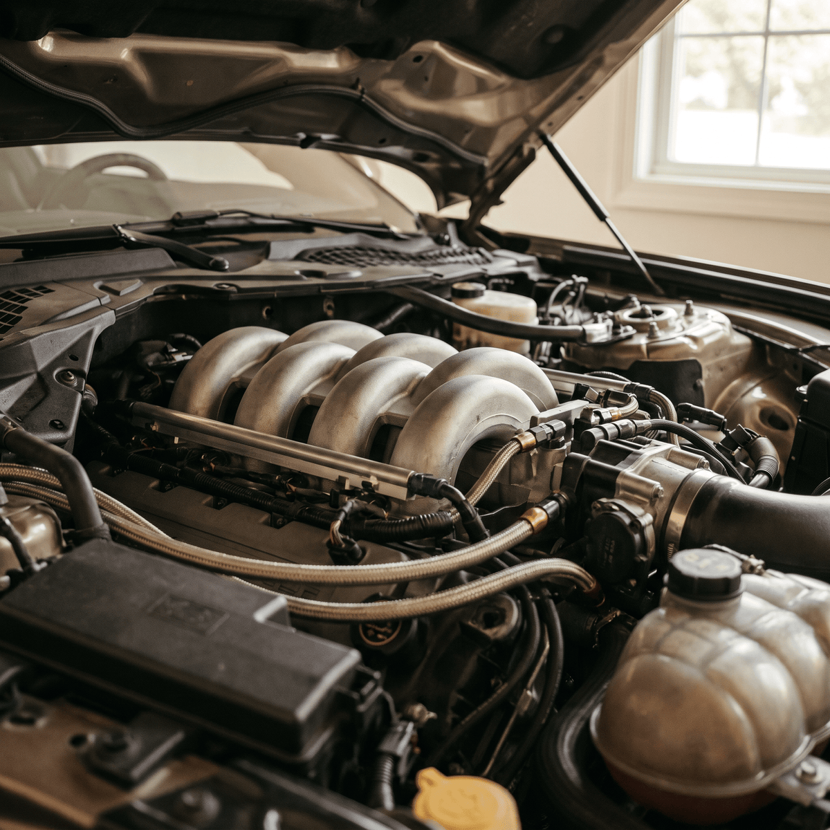Silver metallic intake manifold with eight curved runners installed in car engine bay