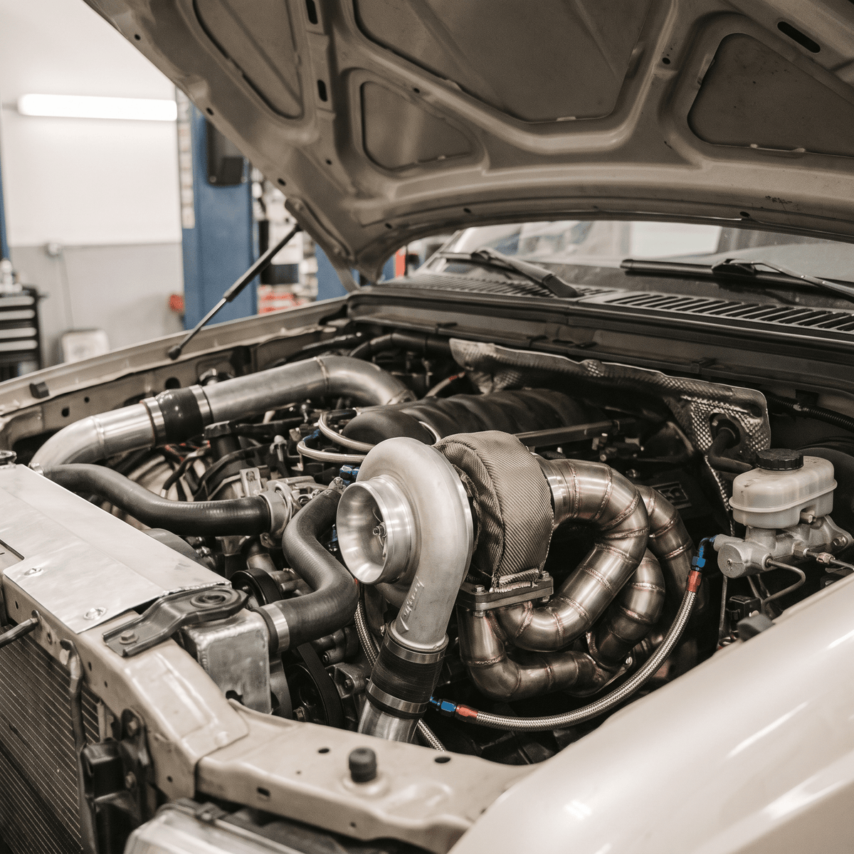 Coyote turbo kit installation with polished stainless steel exhaust manifolds and braided lines