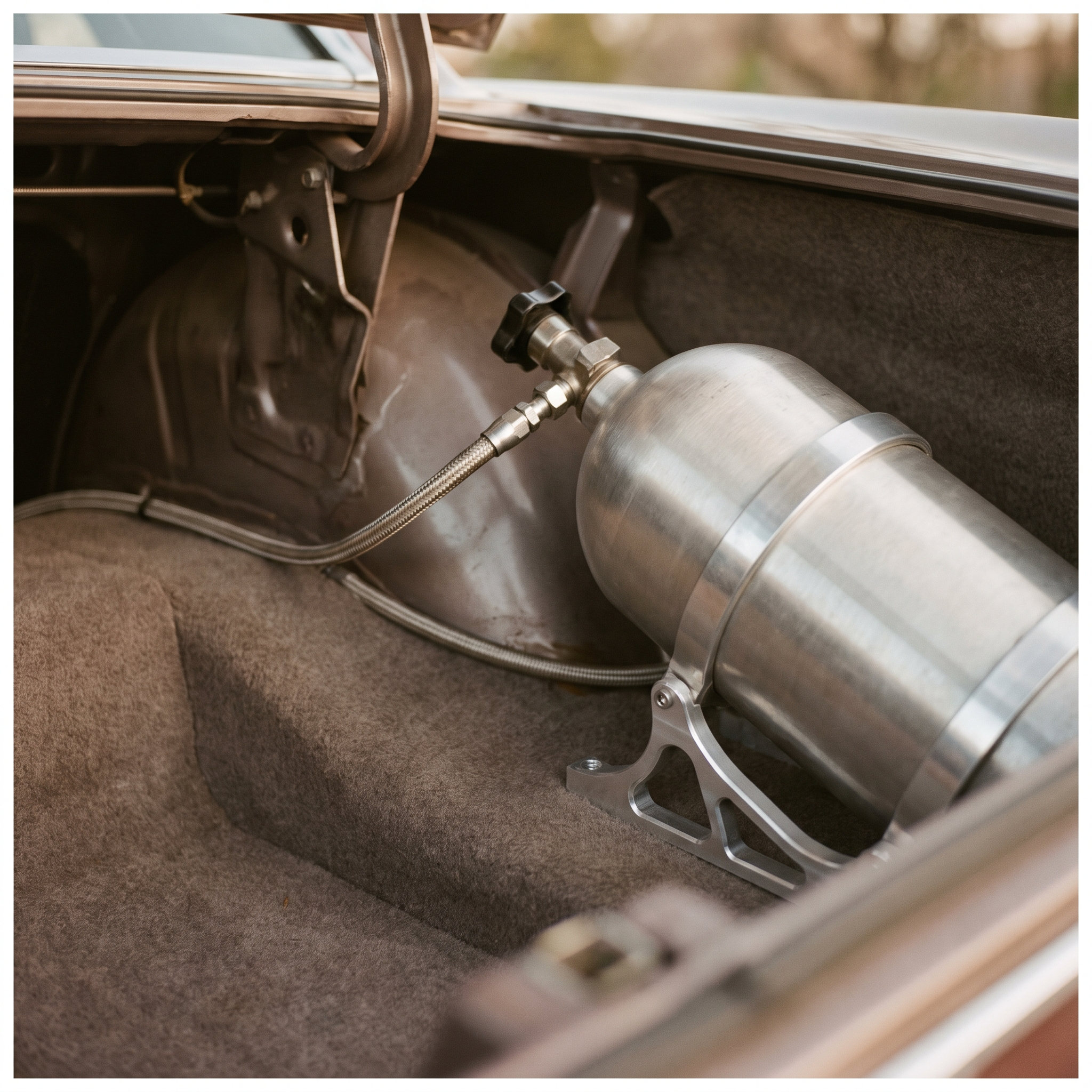 Nitrous oxide bottle mounted with a billet bracket and braided line in a Ford Mustang trunk