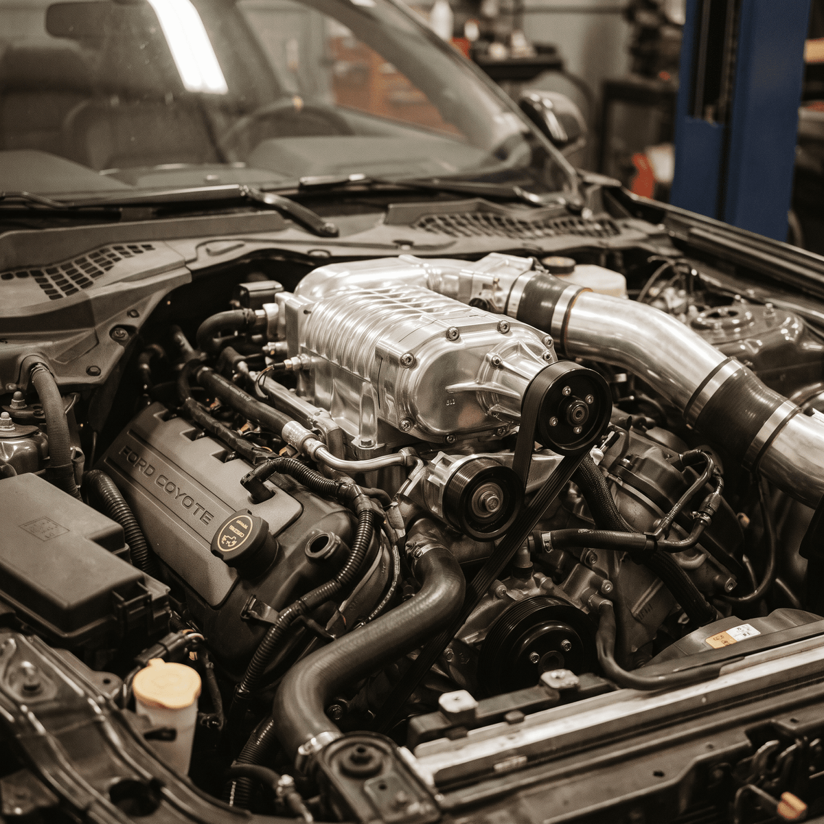 polished aluminum supercharger installed on Ford Coyote V8 engine bay