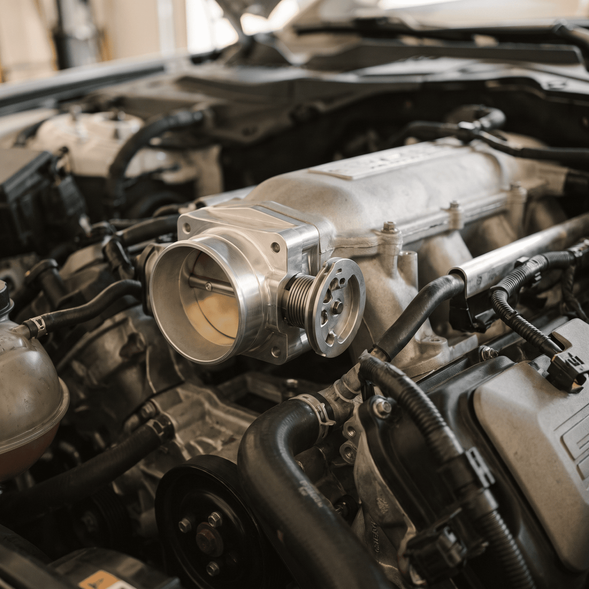 Polished aluminum throttle body with butterfly valve installed on engine intake manifold