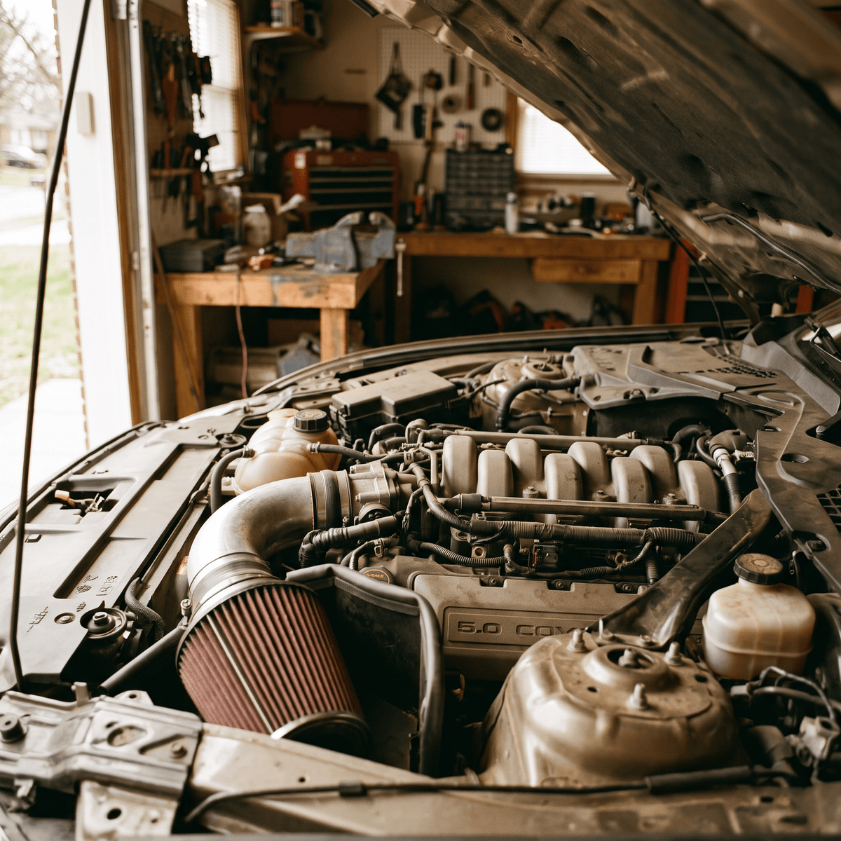 Red pleated conical air filter installed on a Ford Coyote V8 engine bay