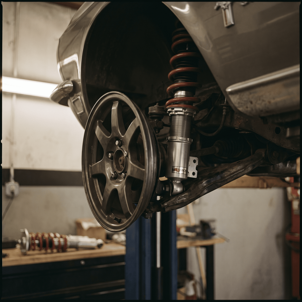 Red adjustable coilover suspension installed on silver car rear wheel well