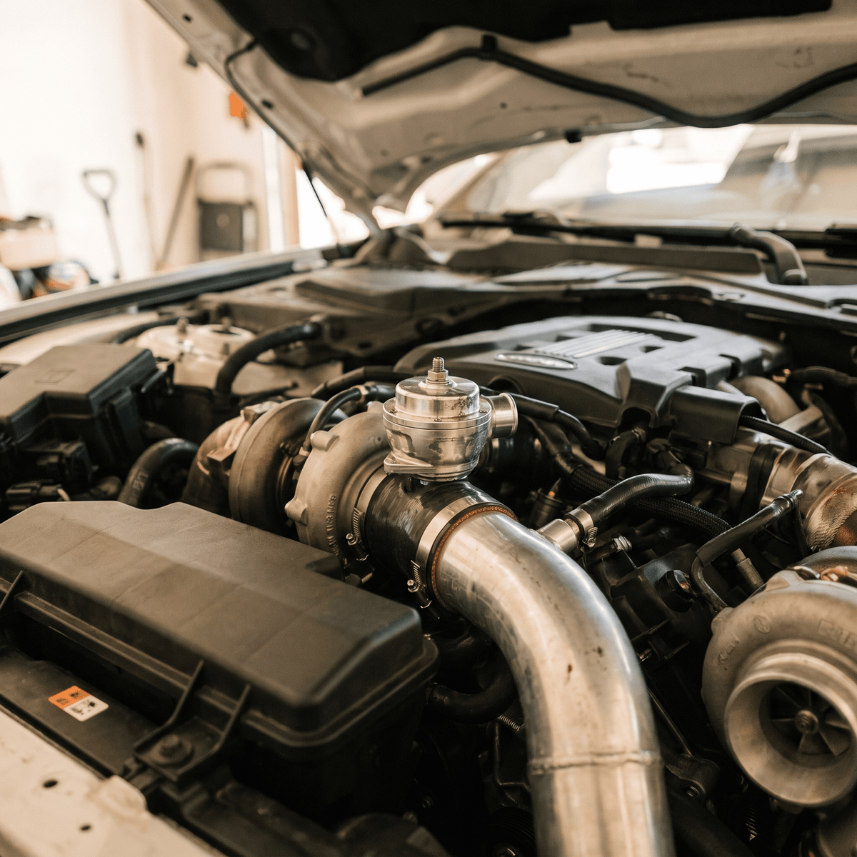 Polished metallic blow-off valve installed on turbocharger intake pipe in car engine bay