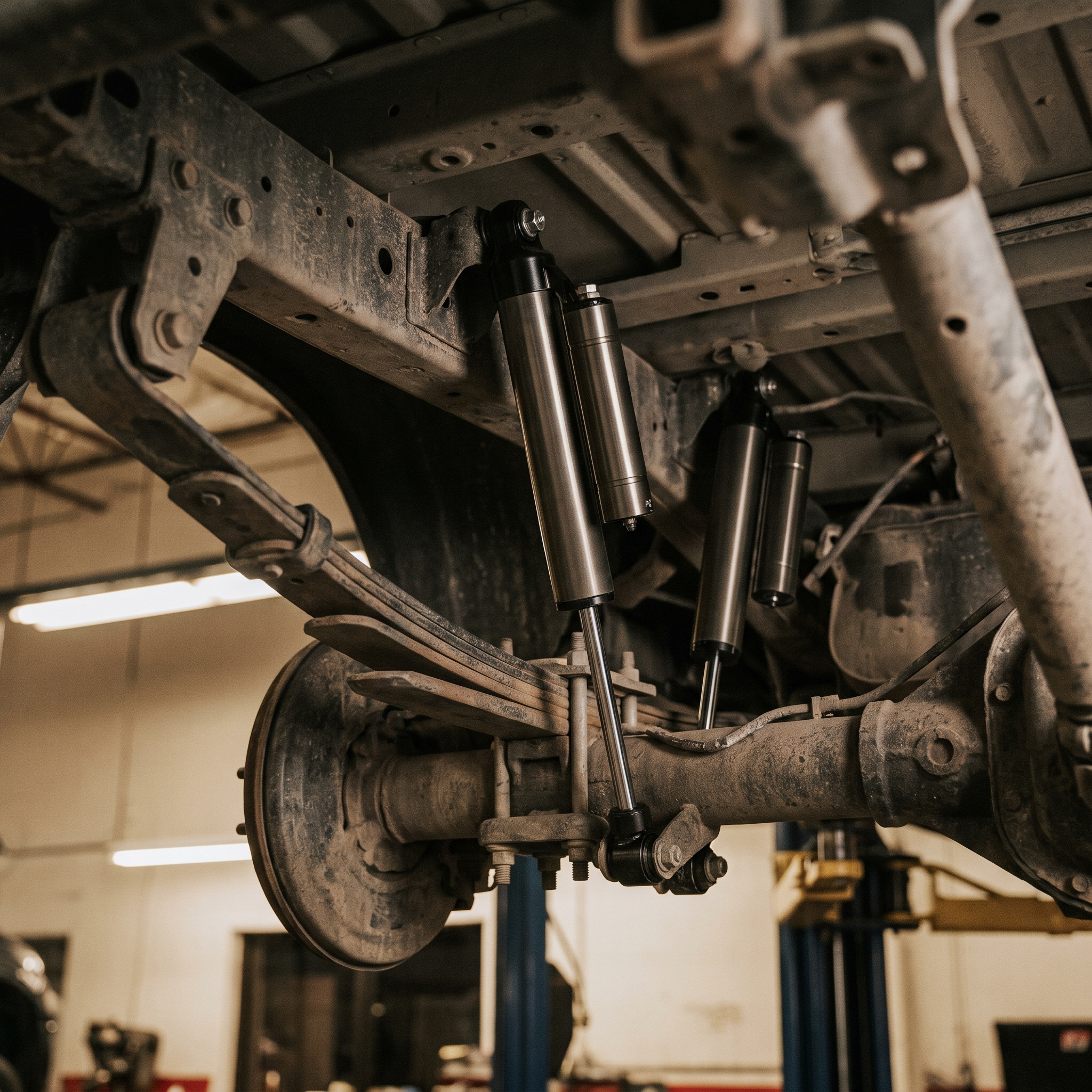 Aftermarket performance shocks installed under a Ford F-150 on a shop lift
