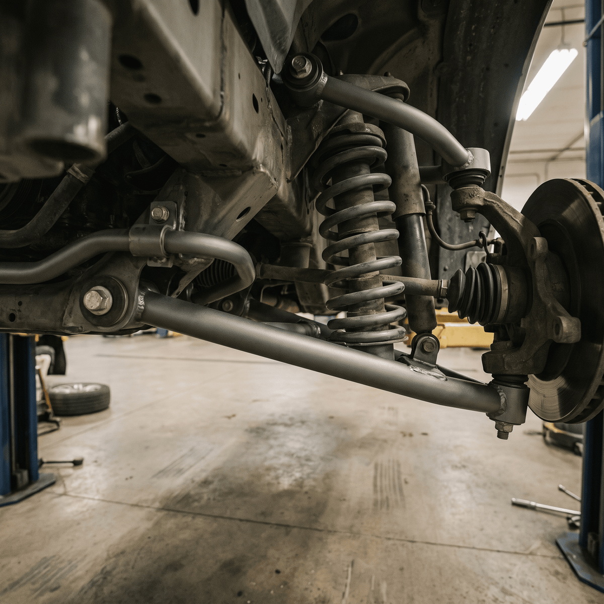 matte black control arm with rubber bushings and mounting bolts