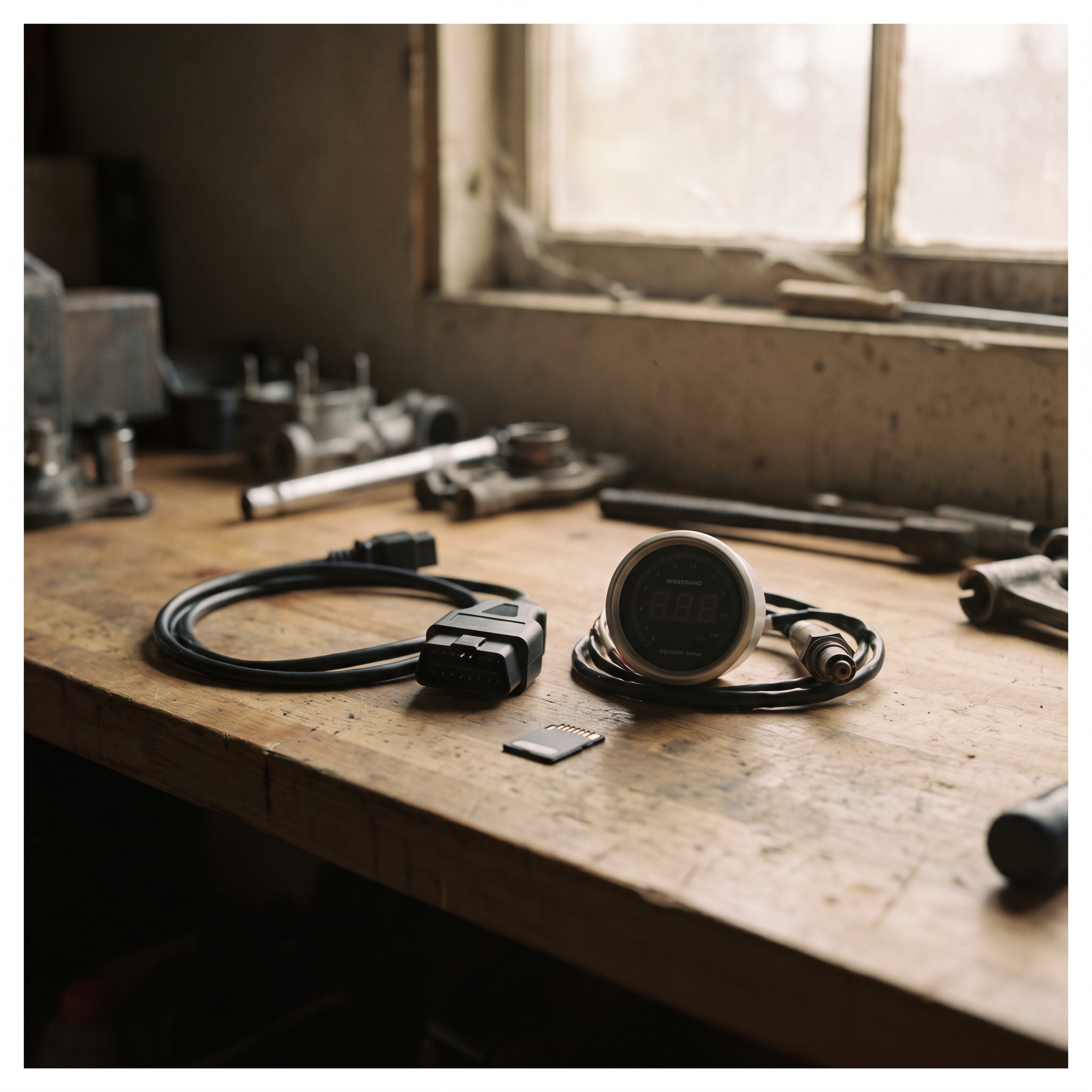 OBD-II cable, wideband gauge, and SD card for Ford tuning on a workbench