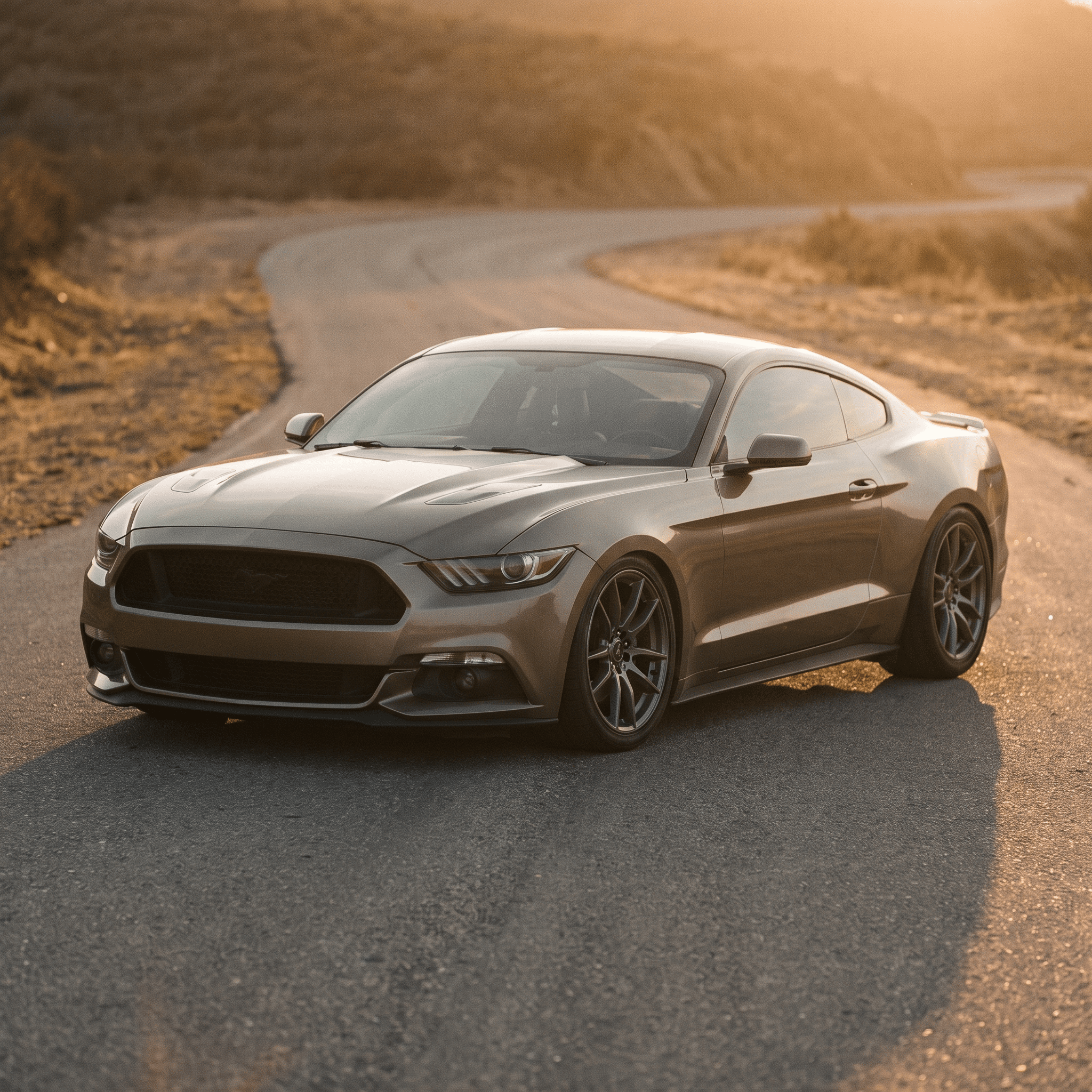 Bronze Ford Mustang coupe on winding road showcasing lowered suspension stance and muscular body contours