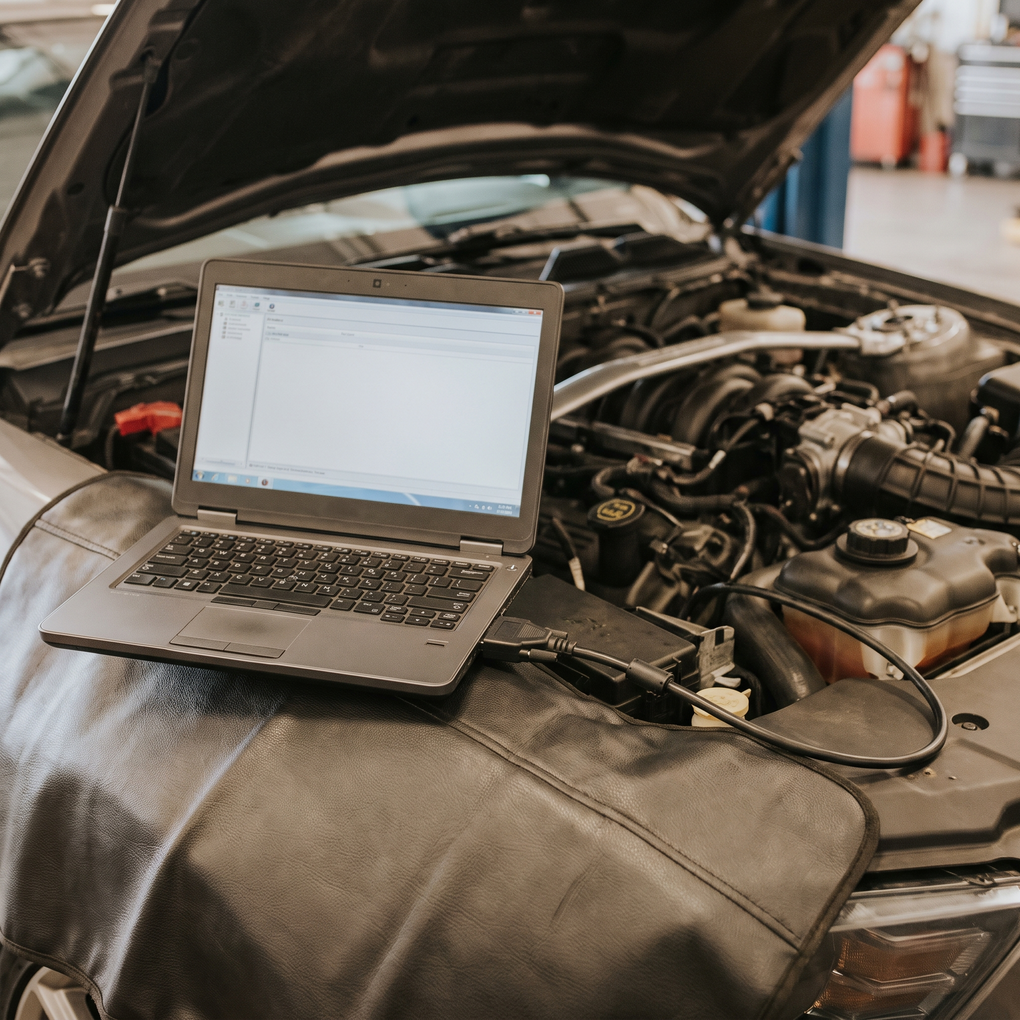 Laptop connected to a Ford Mustang engine bay for custom tuning