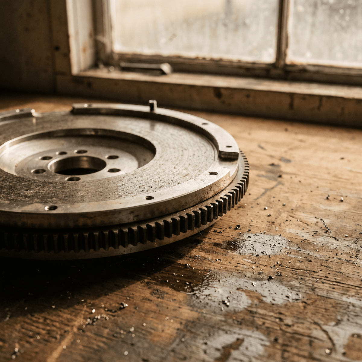 Heavy circular metal flywheel with toothed ring gear and machined friction surface on wooden workbench
