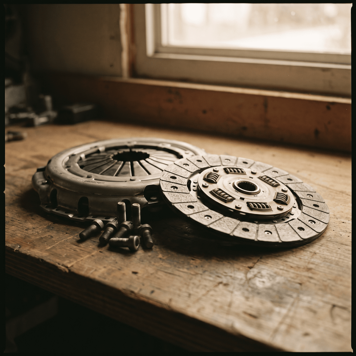 Car clutch kit with pressure plate, friction disc, and bolts on wooden workbench