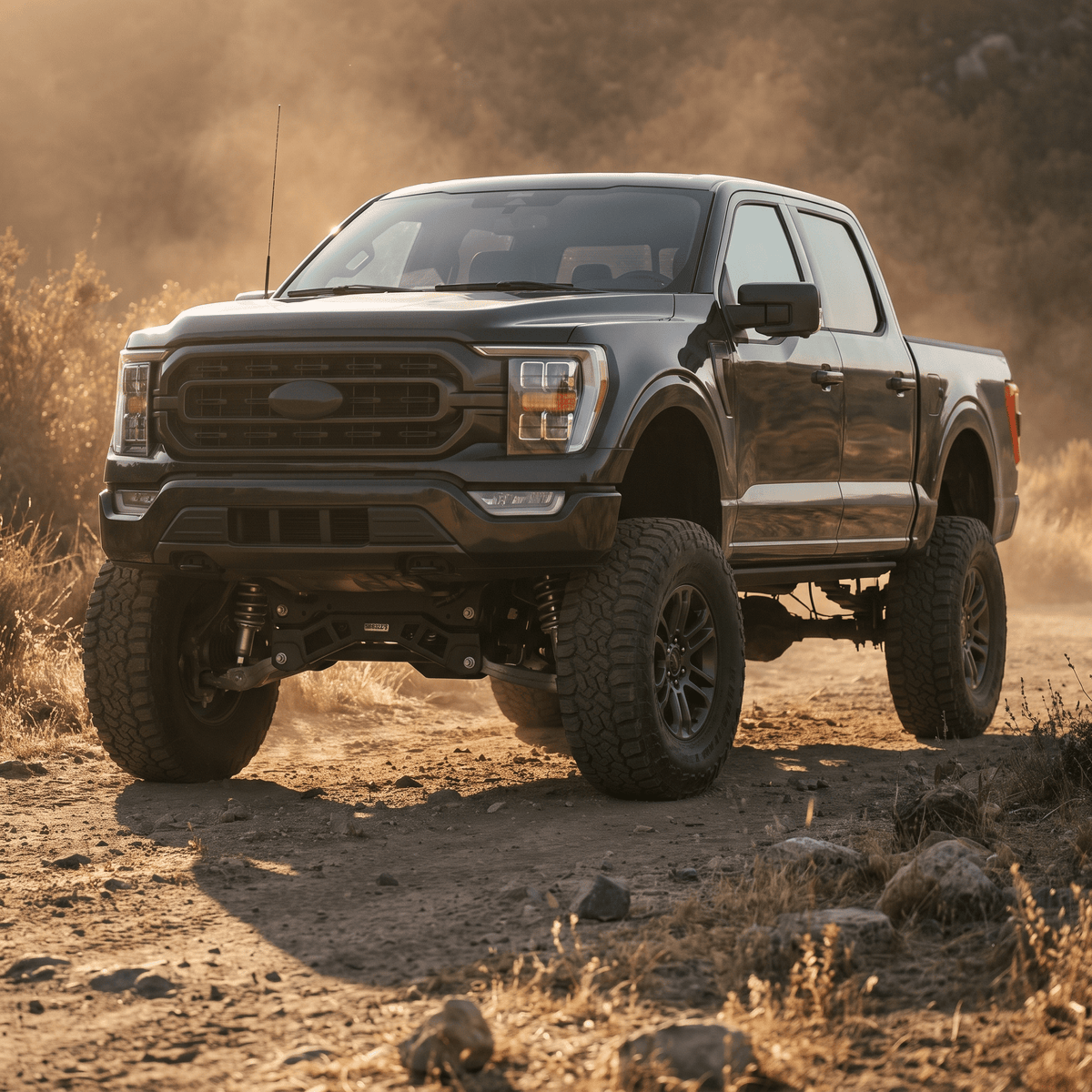 Lift kits for Ford F-150 trucks enhancing ground clearance and off-road capability on dirt trails