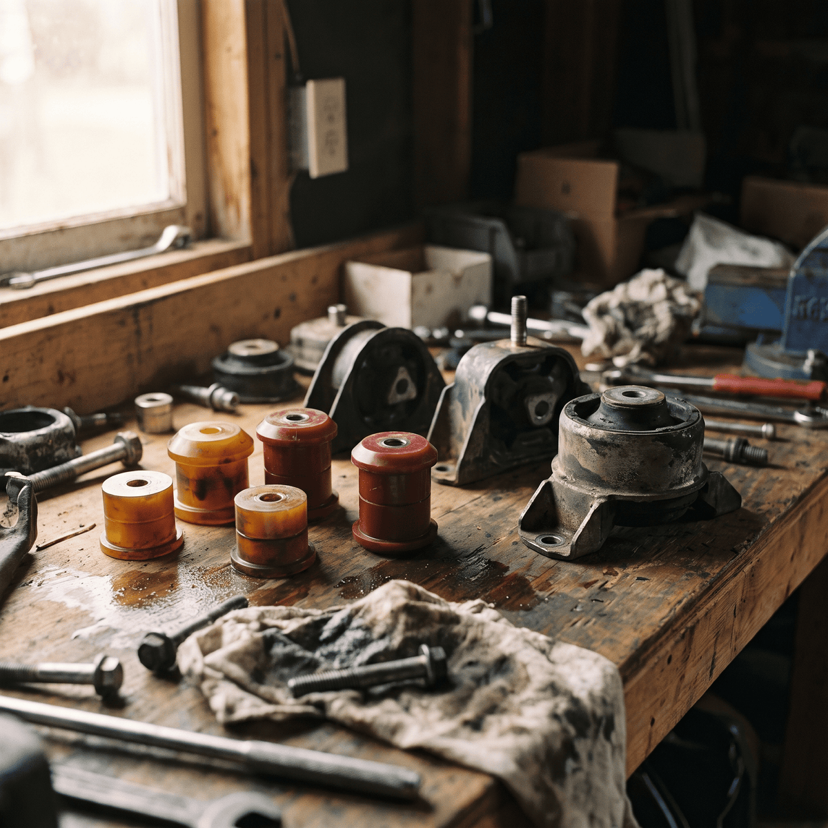 Automotive rubber bushings and metal engine mounts on workshop workbench