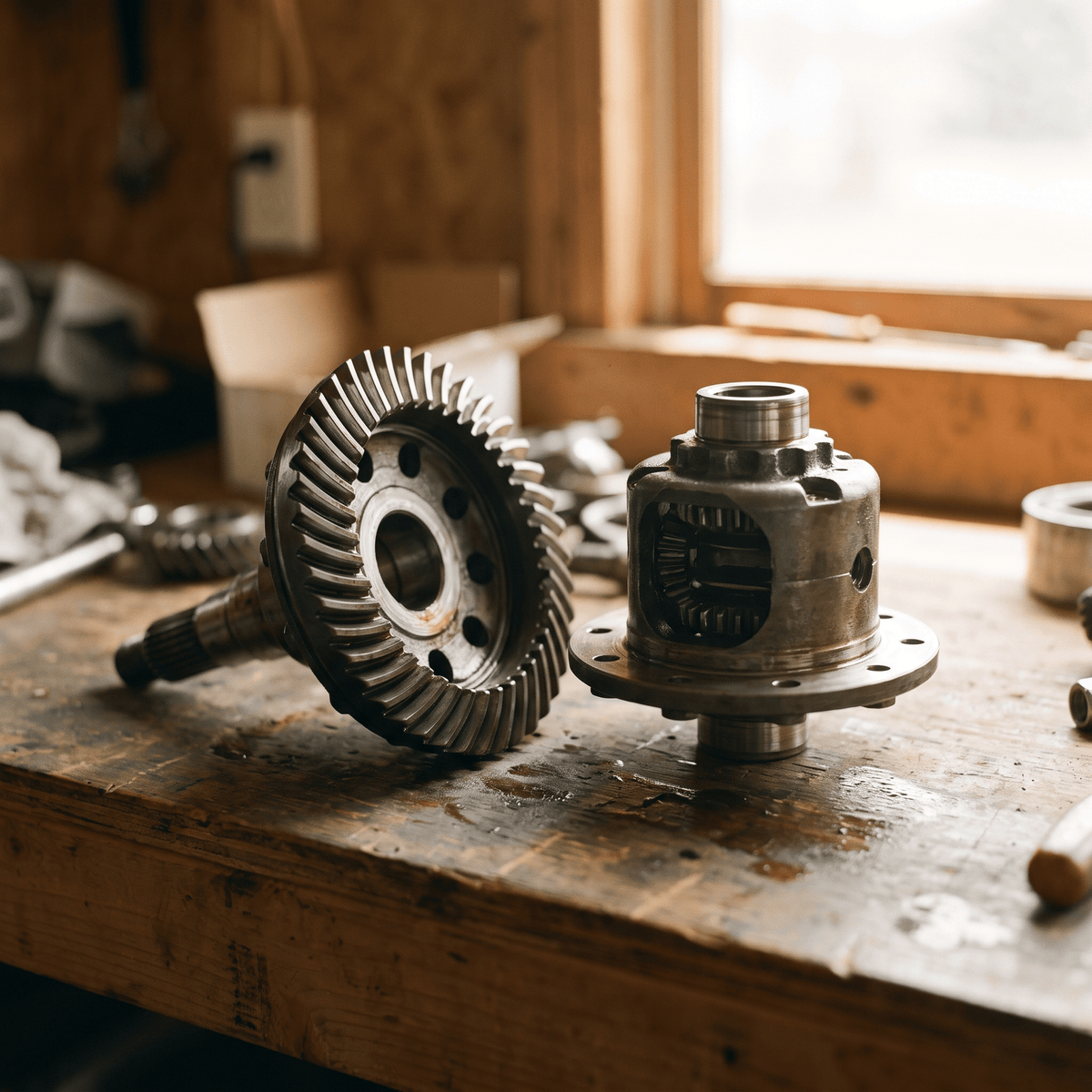 Close-up of metallic automotive differential ring gear and cutaway housing on workshop bench