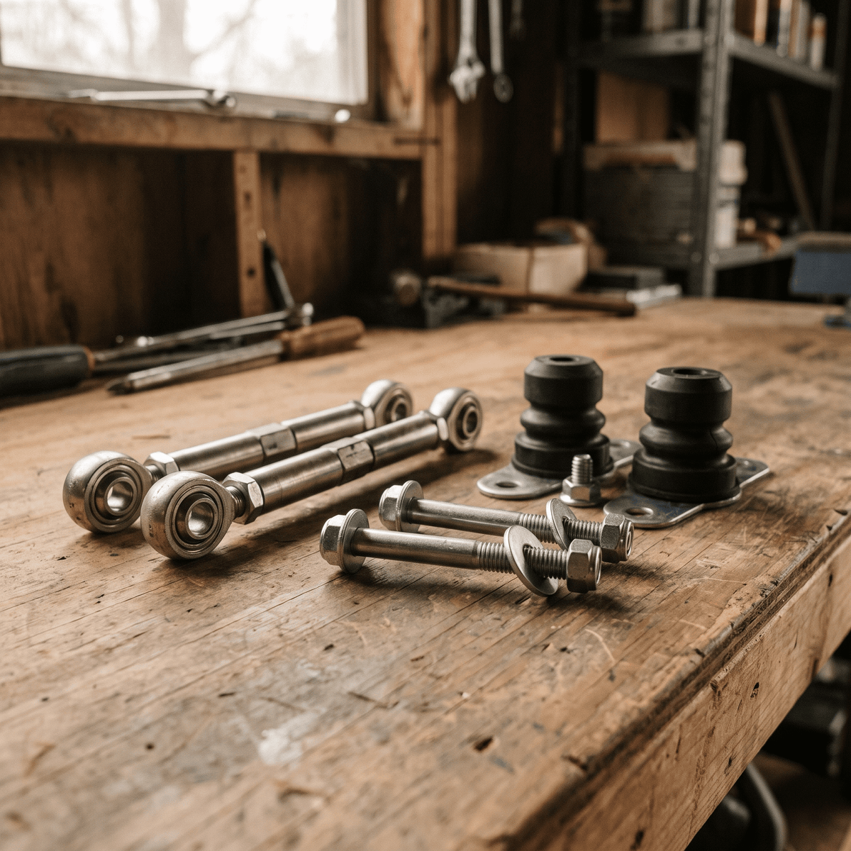 Suspension accessories including rod-end bearings, rubber bushings, and bolts on a workshop workbench