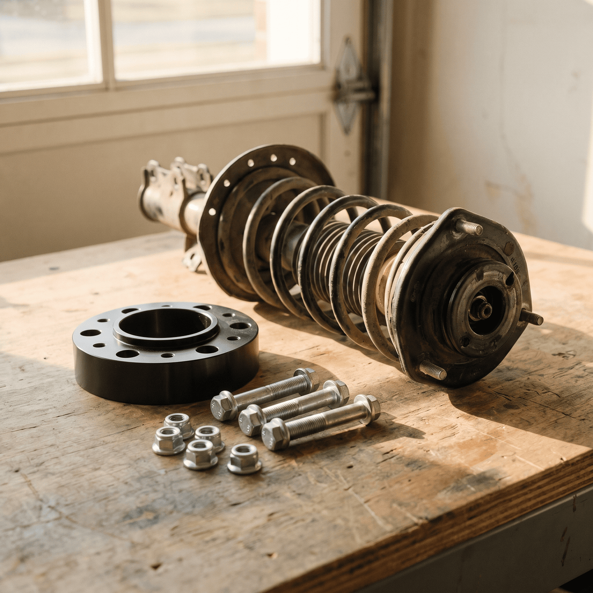 Leveling kit with strut assembly, wheel spacer, and hardware on workbench