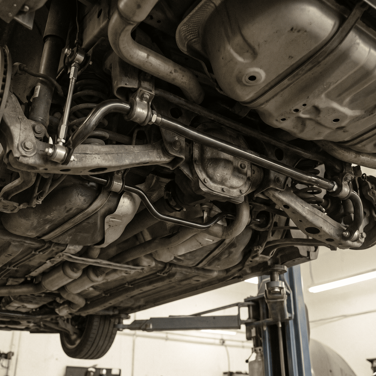 Rear sway bar installed on vehicle undercarriage