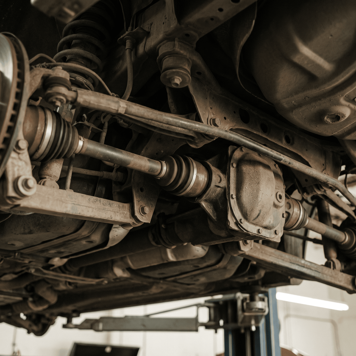 Axles and half shafts rear axle assembly with CV boots on vehicle lift