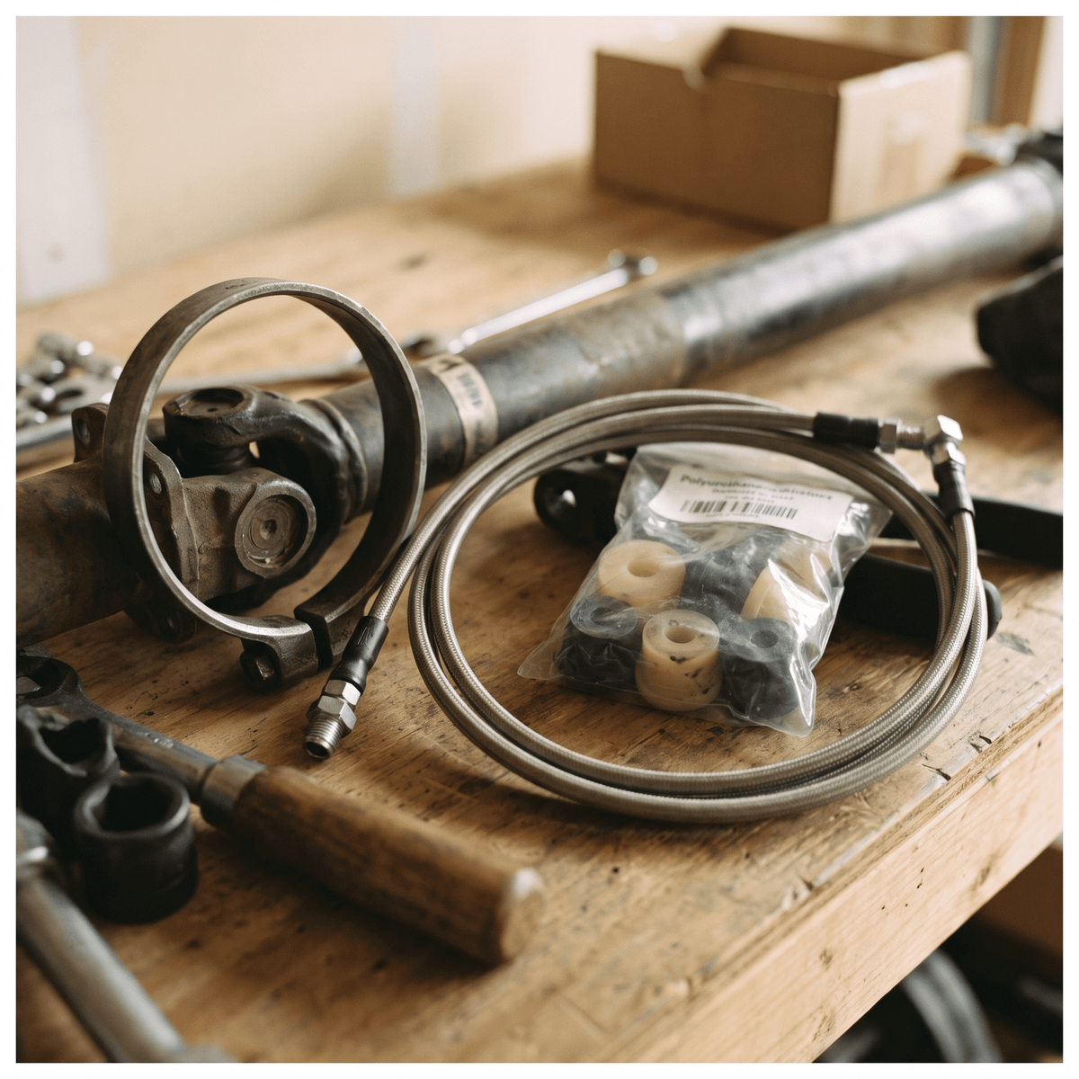 Drivetrain accessories including stainless steel braided hose, driveshaft yoke, and polyurethane bushings on workbench