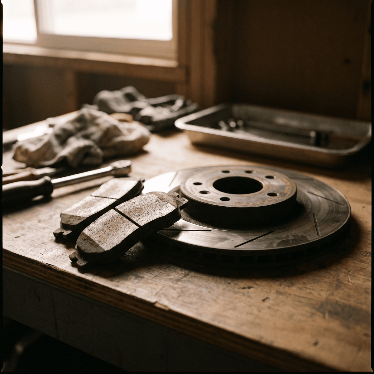 Used automotive brake pads and slotted rotor on wooden workbench