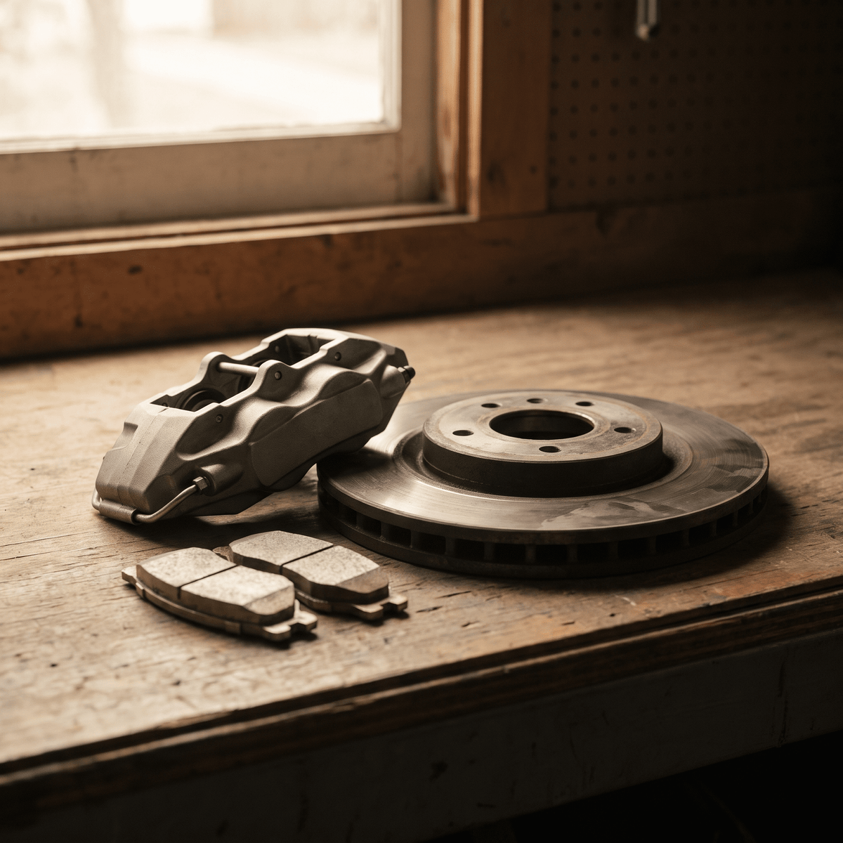 Brake kit with silver caliper, drilled rotor, and pads on workbench