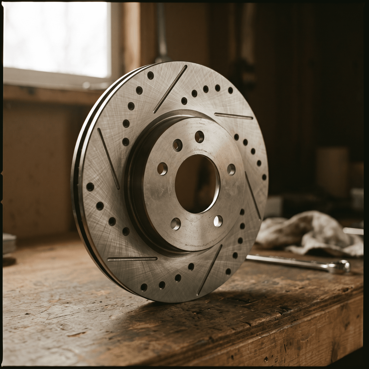 Drilled and slotted brake rotor on workbench