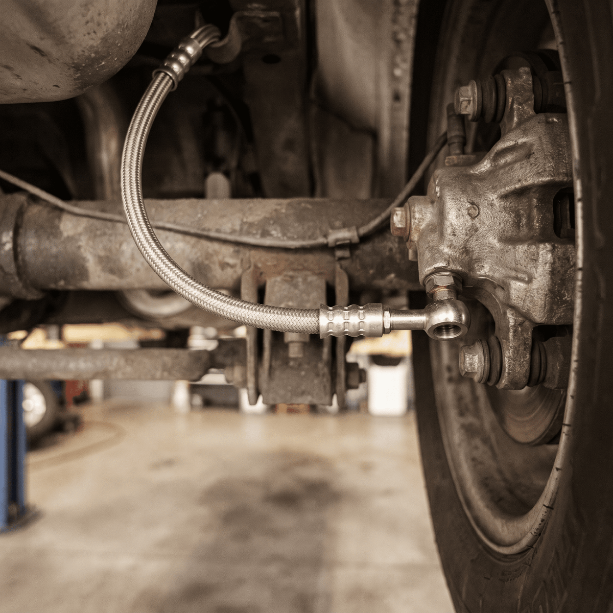 Braided stainless steel brake line installed on vehicle rear wheel assembly