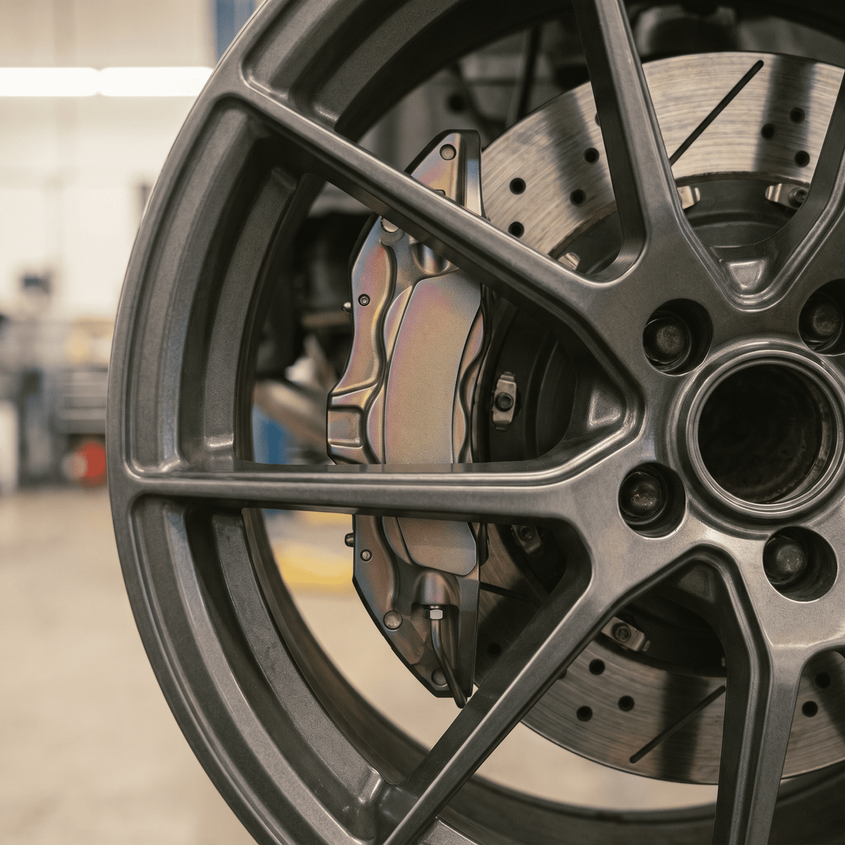 Iridescent blue purple gold high-performance brake caliper mounted on drilled slotted rotor behind dark gray alloy wheel