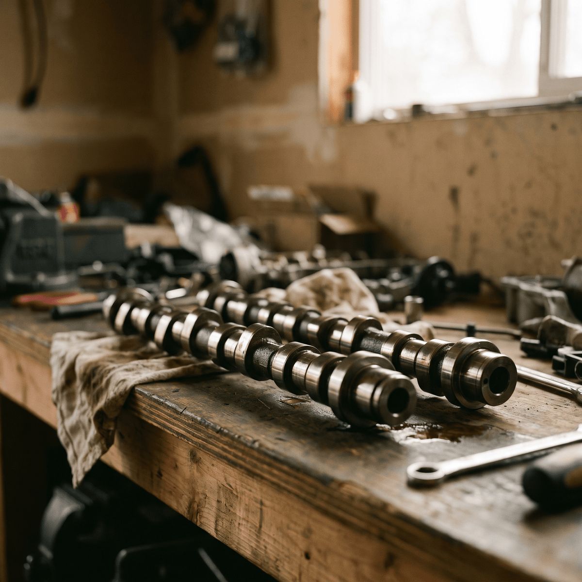 Polished metallic camshafts on wooden workbench with wrench