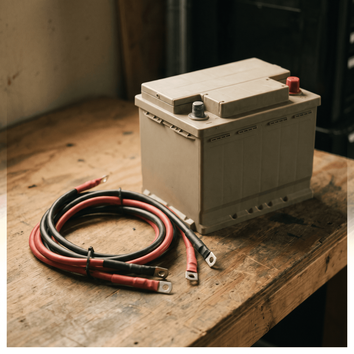 Beige rectangular battery with red positive terminal and black negative terminal on wooden workbench alongside coiled red and black electrical cables