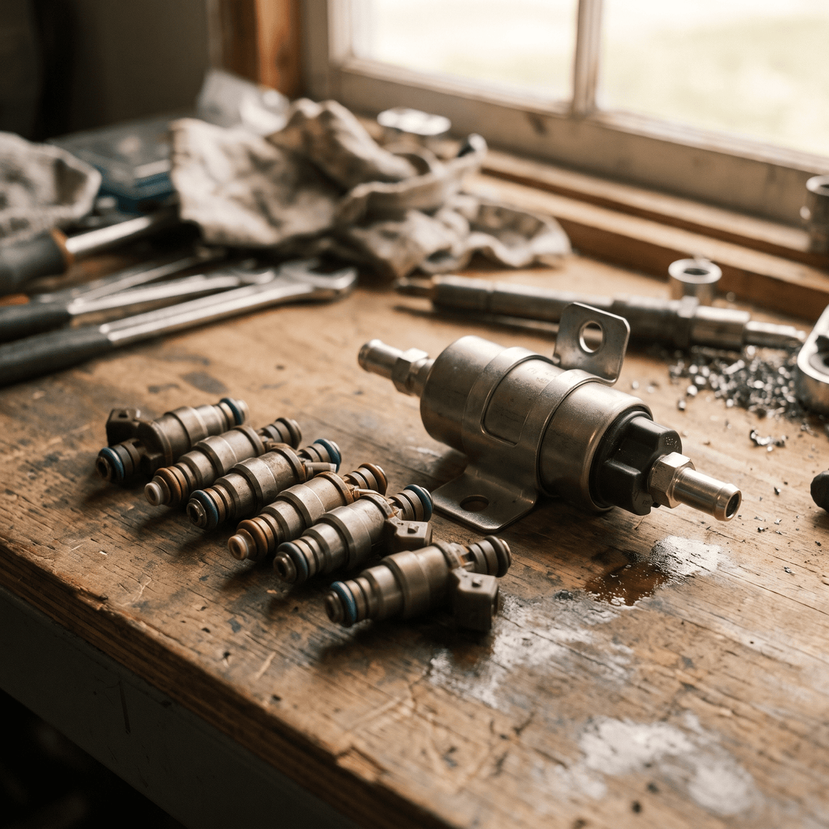 Set of five fuel injectors and a cylindrical fuel filter on a workshop workbench