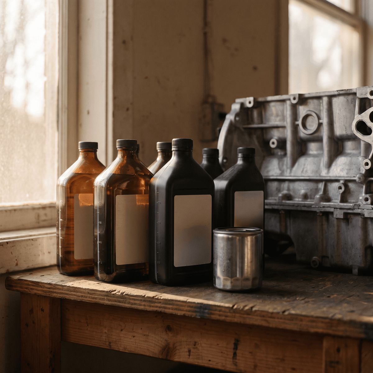 Oils & Fluids collection featuring amber glass bottles, black plastic containers, and a metallic oil filter on a wooden workbench