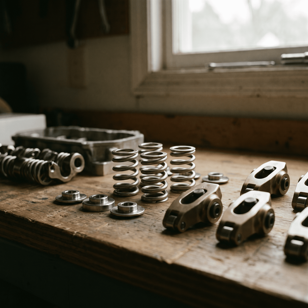 Metallic engine valvetrain components including coil springs, rocker arms, and camshaft on wooden workbench