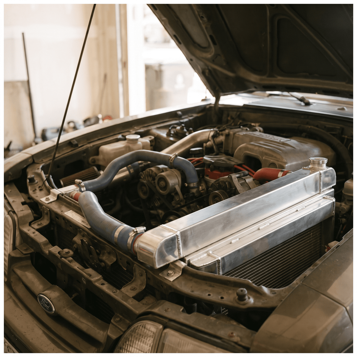 polished aluminum intercooler with blue silicone hoses on Ford engine bay