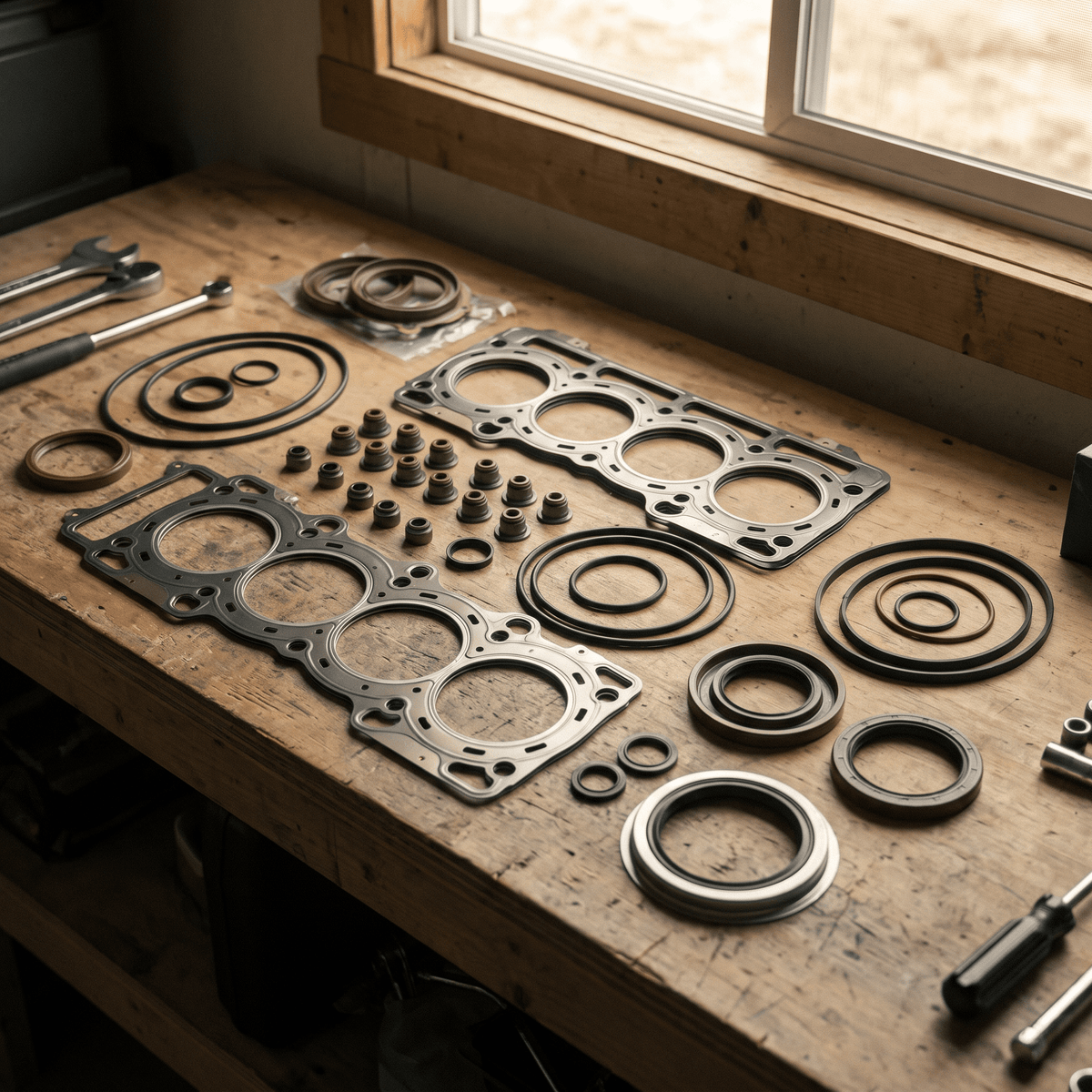 Automotive gaskets and seals collection on workbench