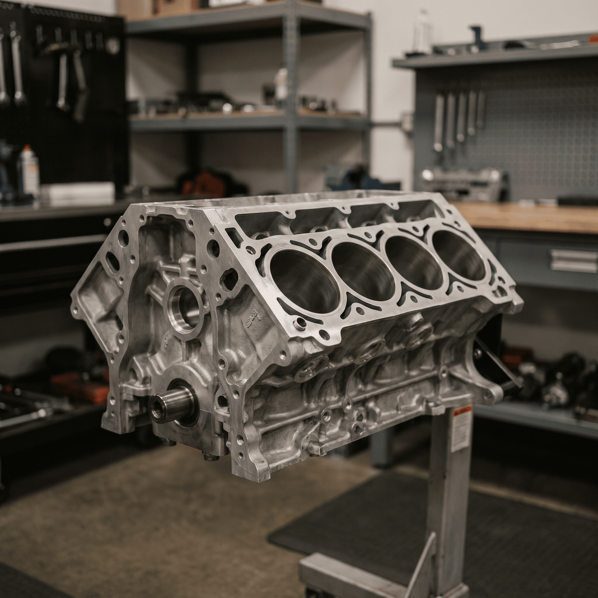Machined aluminum V8 engine block cylinder bank with polished bores and mounting points