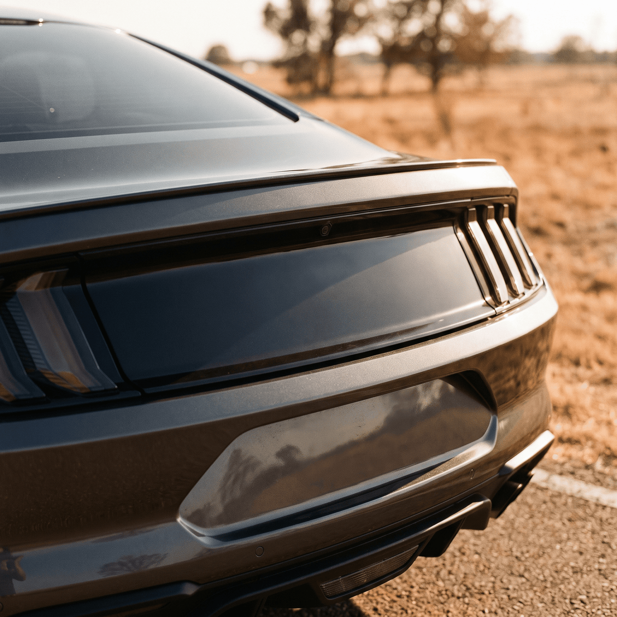 Ford Mustang rear spoiler with triple-bar taillight emblem detail