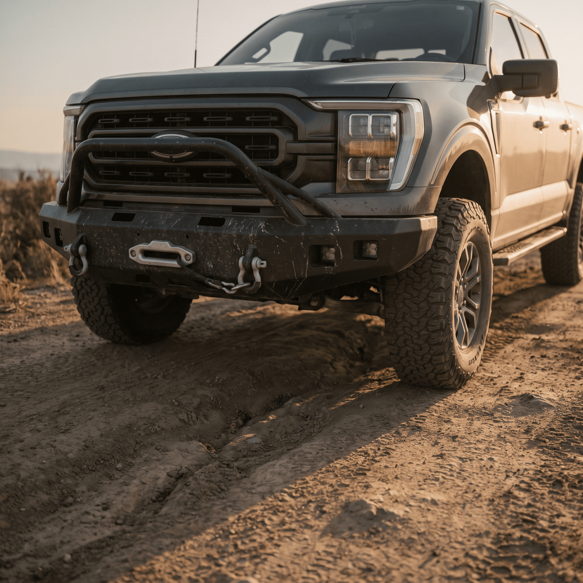Black tubular front bumper guard with winch plate and D-rings on Ford F-150 Raptor off-road truck
