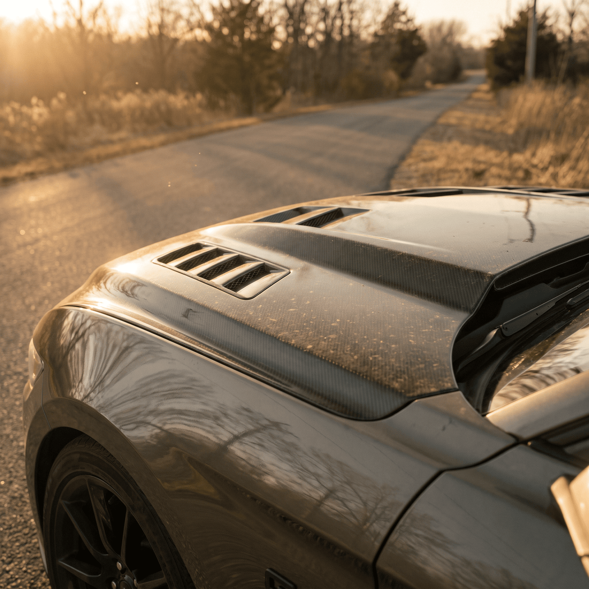Dark gray carbon fiber hood with vented louvers, close-up of textured weave and glossy finish
