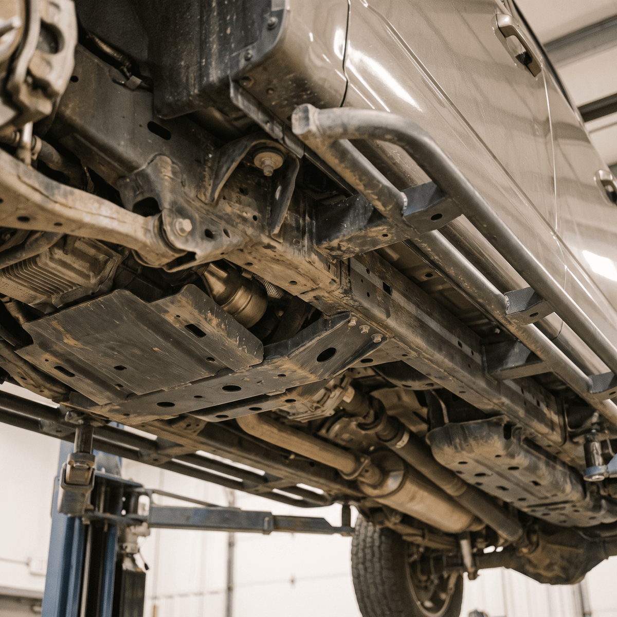 Black metal skid plates and undercarriage protection on lifted off-road vehicle