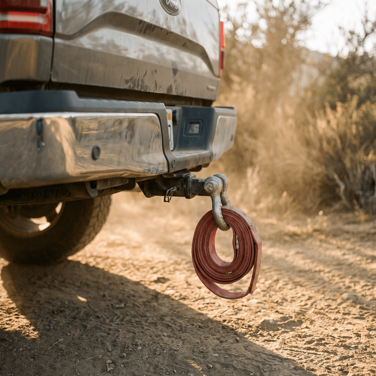 Ford pickup truck with heavy-duty metal hook and red synthetic tow strap on gravel terrain