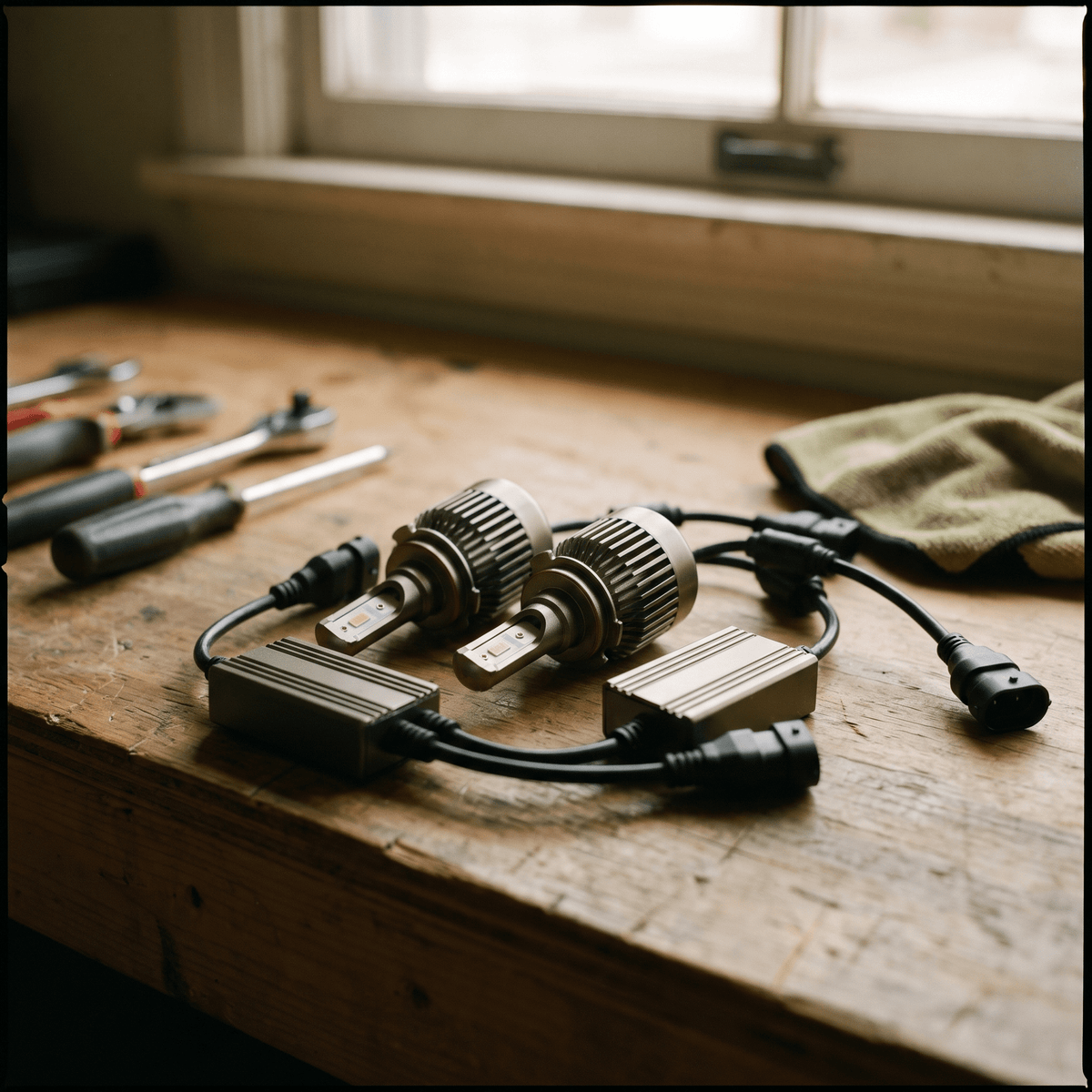 LED headlight bulbs with ribbed heat sinks and wiring harnesses on workbench