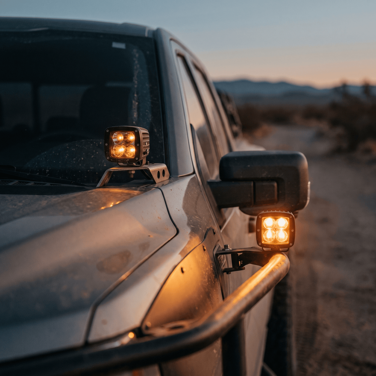 Square LED auxiliary off-road lights mounted on dusty truck fender and side bar