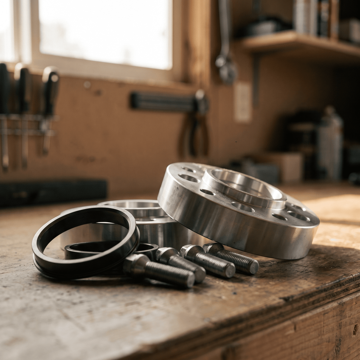 Silver wheel spacers and hex bolts on wooden workbench
