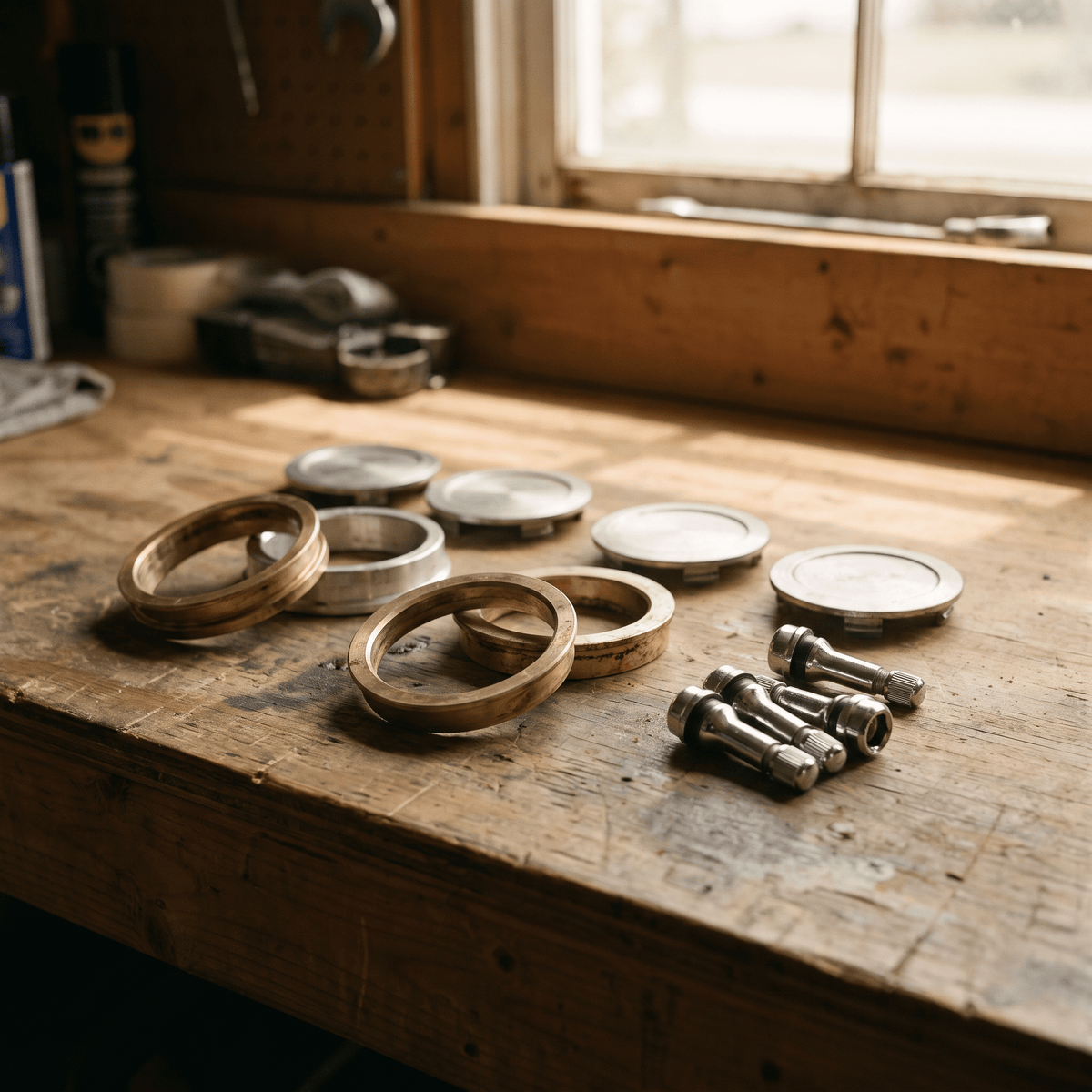 Assorted metallic wheel accessories including chrome lug nuts and brass caps on a wooden workbench
