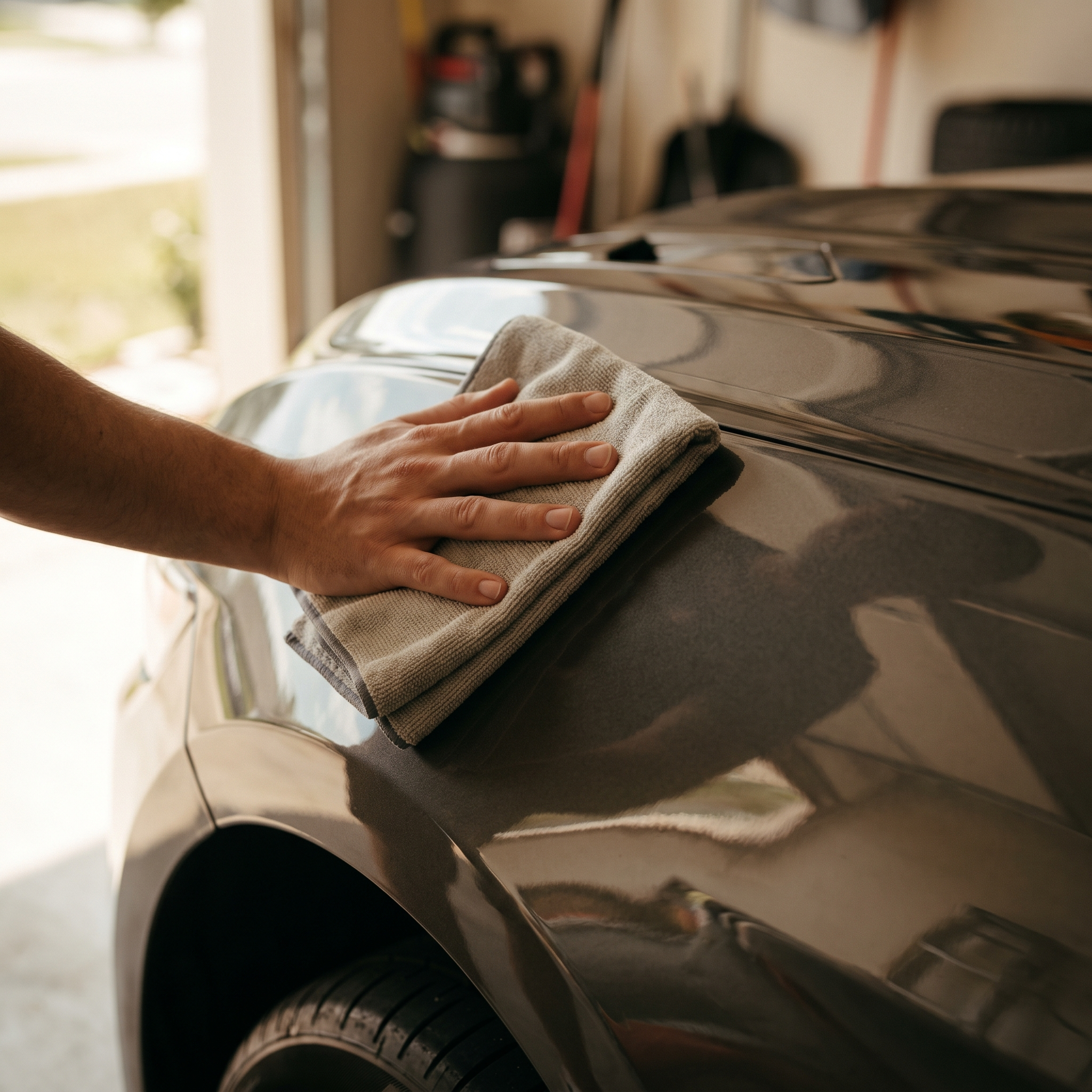 Hand using beige microfiber cloth to detail glossy dark gray car hood in garage