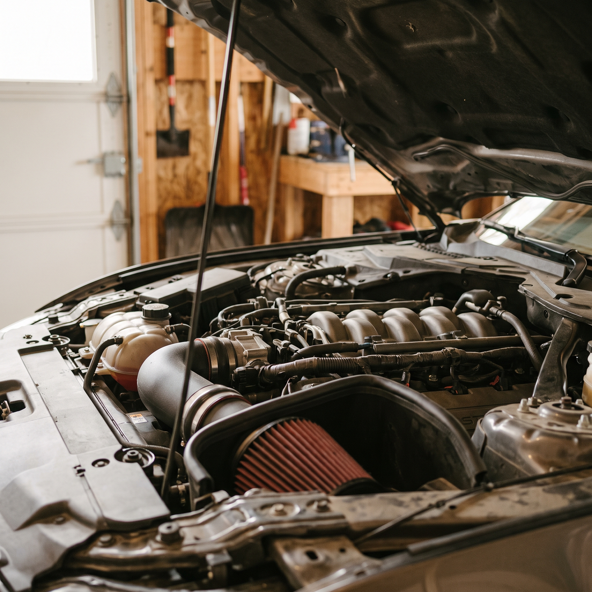 S550 Ford Mustang GT Coyote 5.0 engine bay with an aftermarket cold air intake