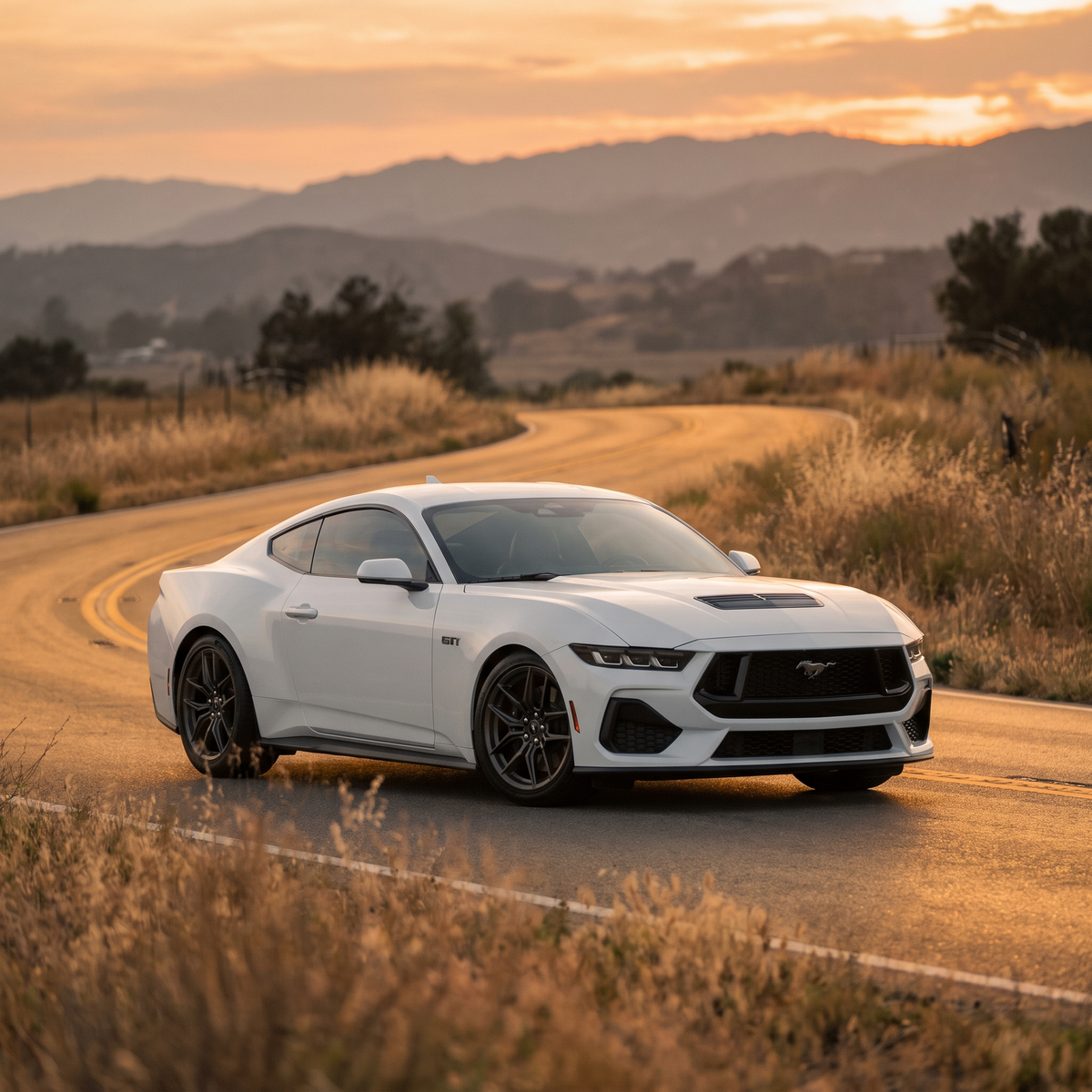 White 2024+ S650 Ford Mustang GT lowered on lowering springs at golden hour