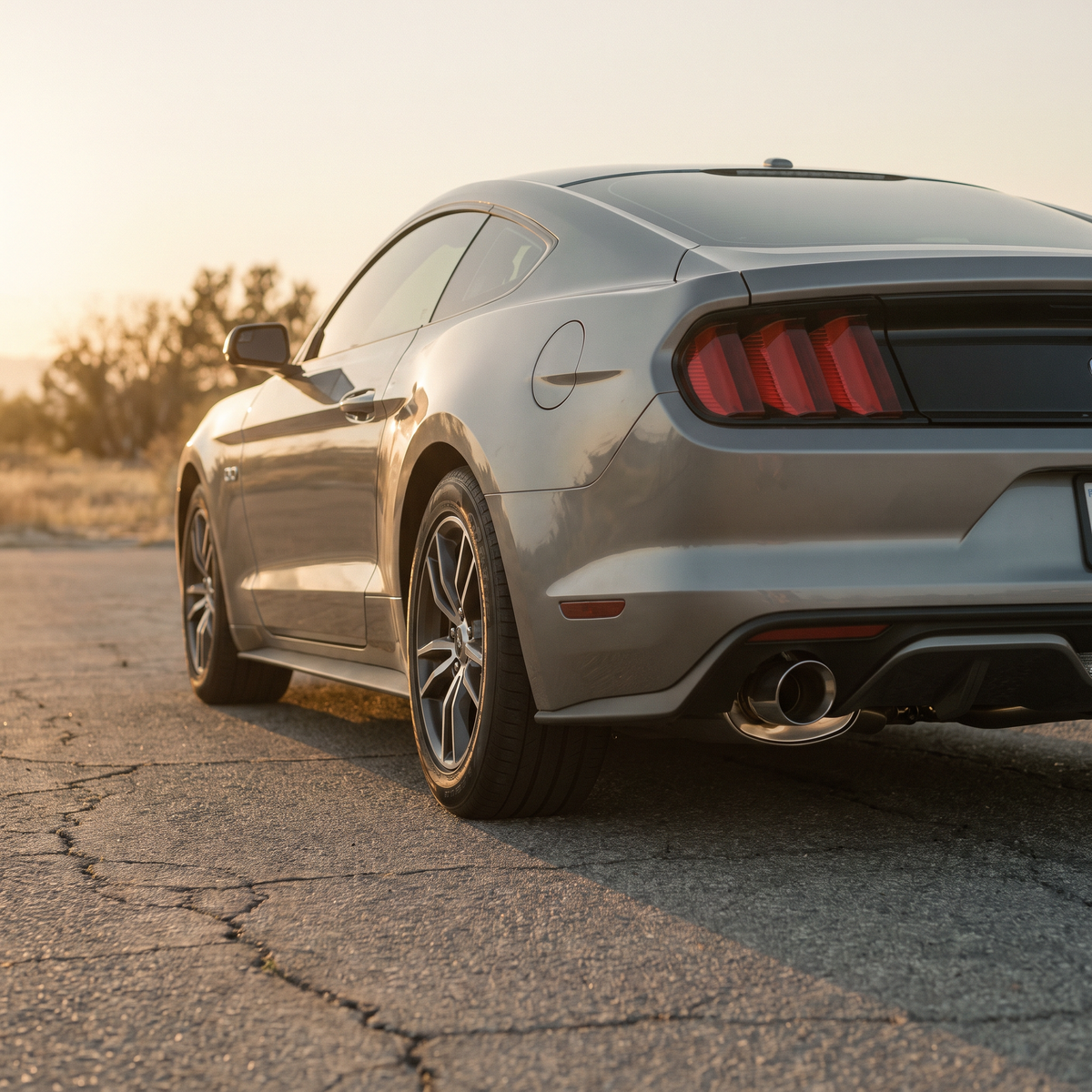 Grey 2015-2023 S550 Ford Mustang GT with a cat-back exhaust at golden hour